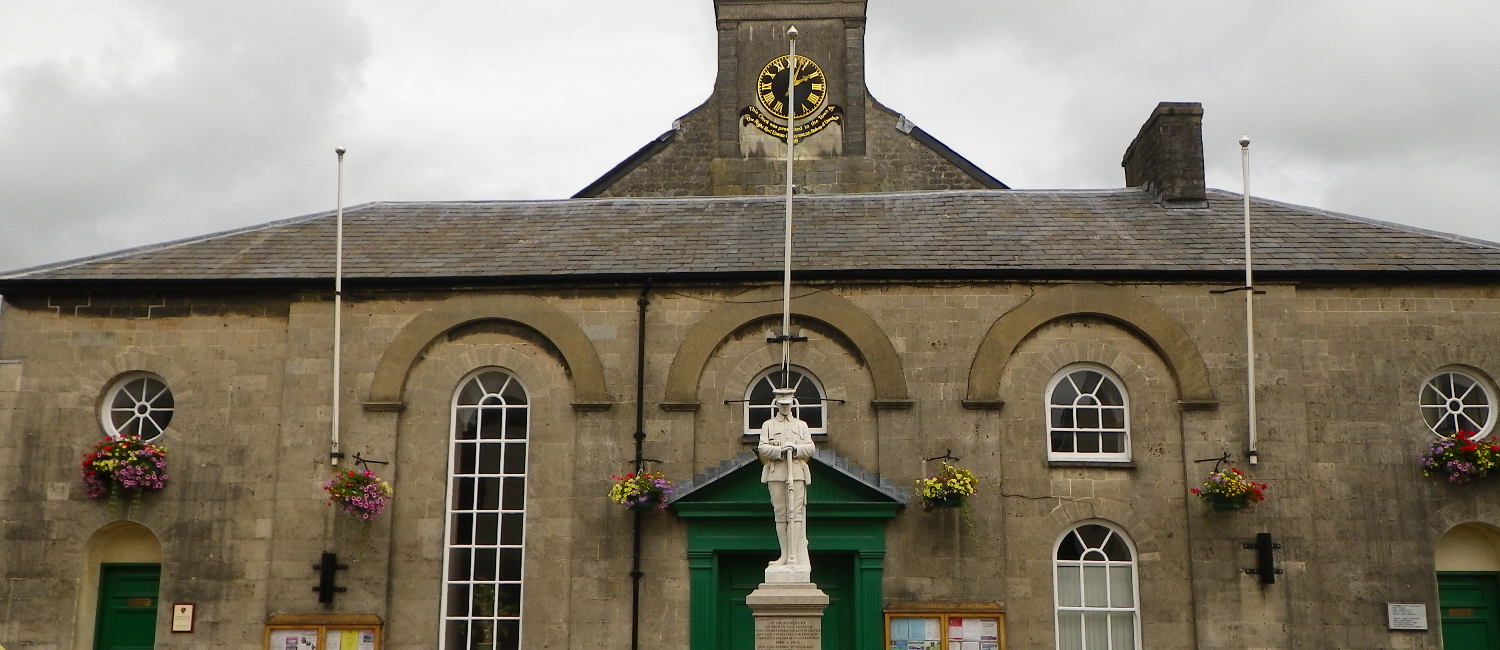 Cowbridge town hall building with memorial